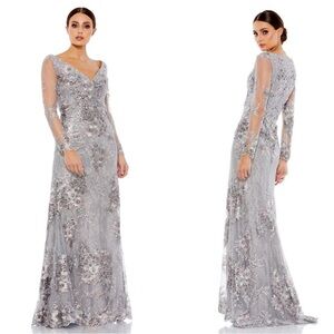 Mac Duggal Silver Floral Maxi Dress